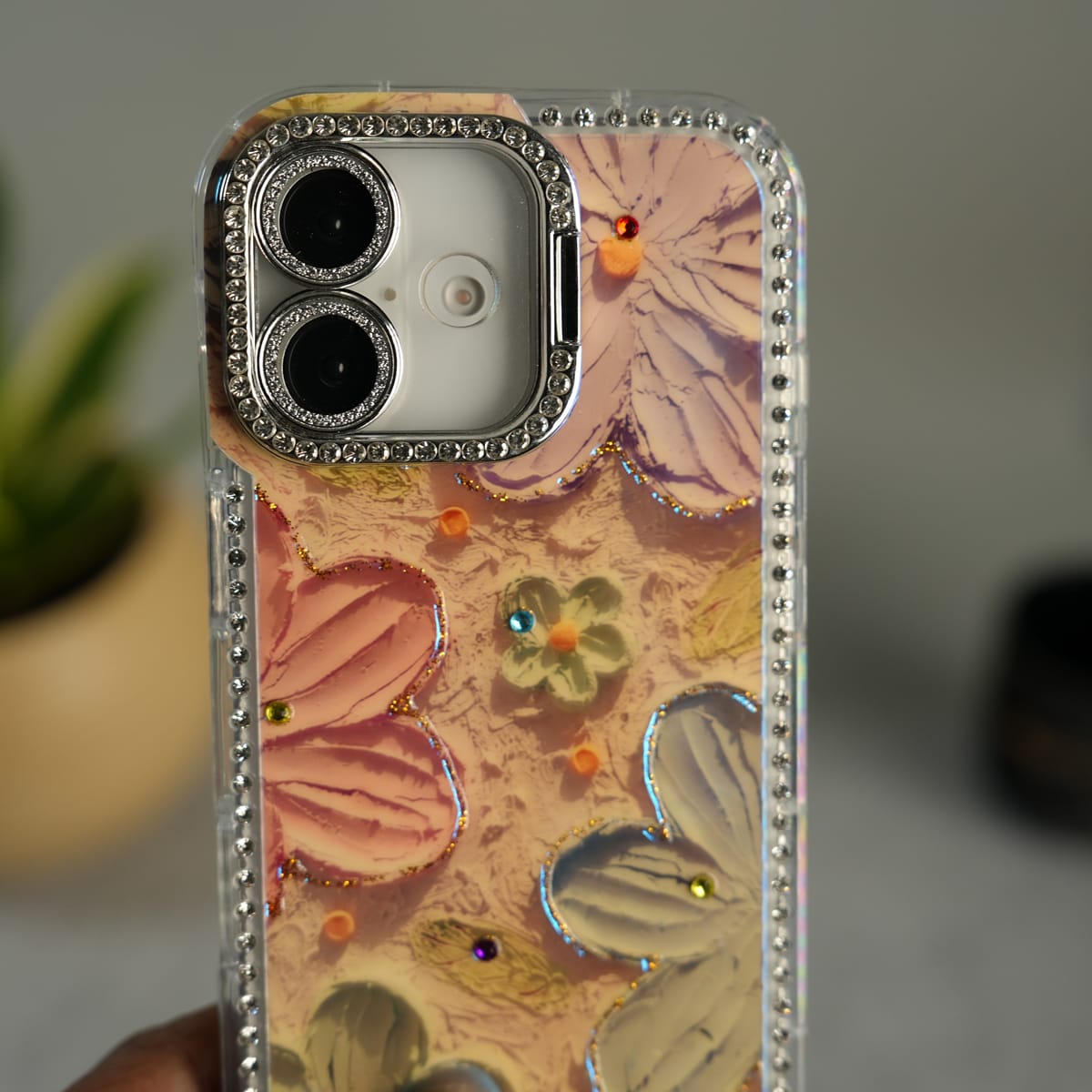 iPhone Luxury 3D Oil Painting Floral Design Glitter Lens Protection Stand Cover | Orange