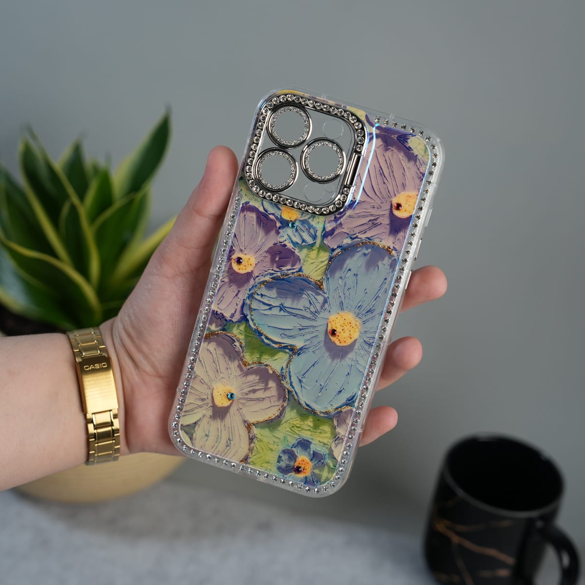 iPhone Luxury 3D Oil Painting Floral Design Glitter Lens Protection Stand Cover | Green