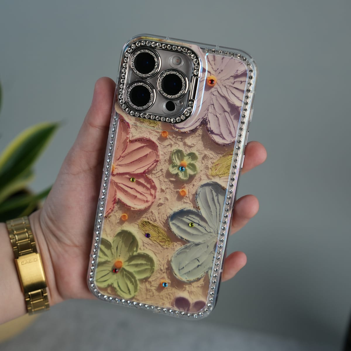 iPhone Luxury 3D Oil Painting Floral Design Glitter Lens Protection Stand Cover | Orange