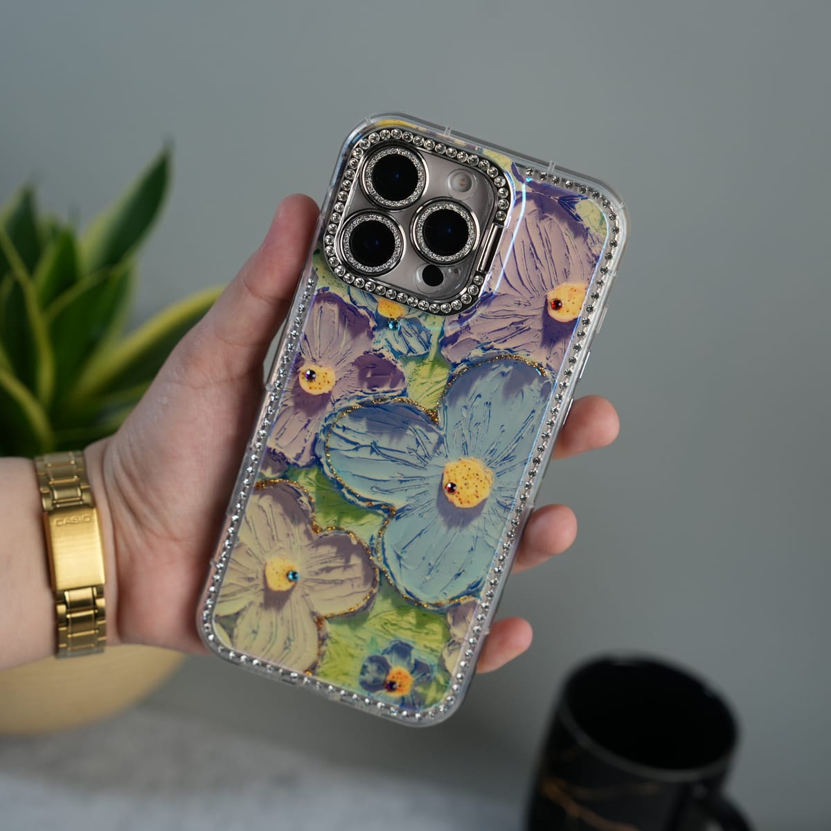 iPhone Luxury 3D Oil Painting Floral Design Glitter Lens Protection Stand Cover | Green