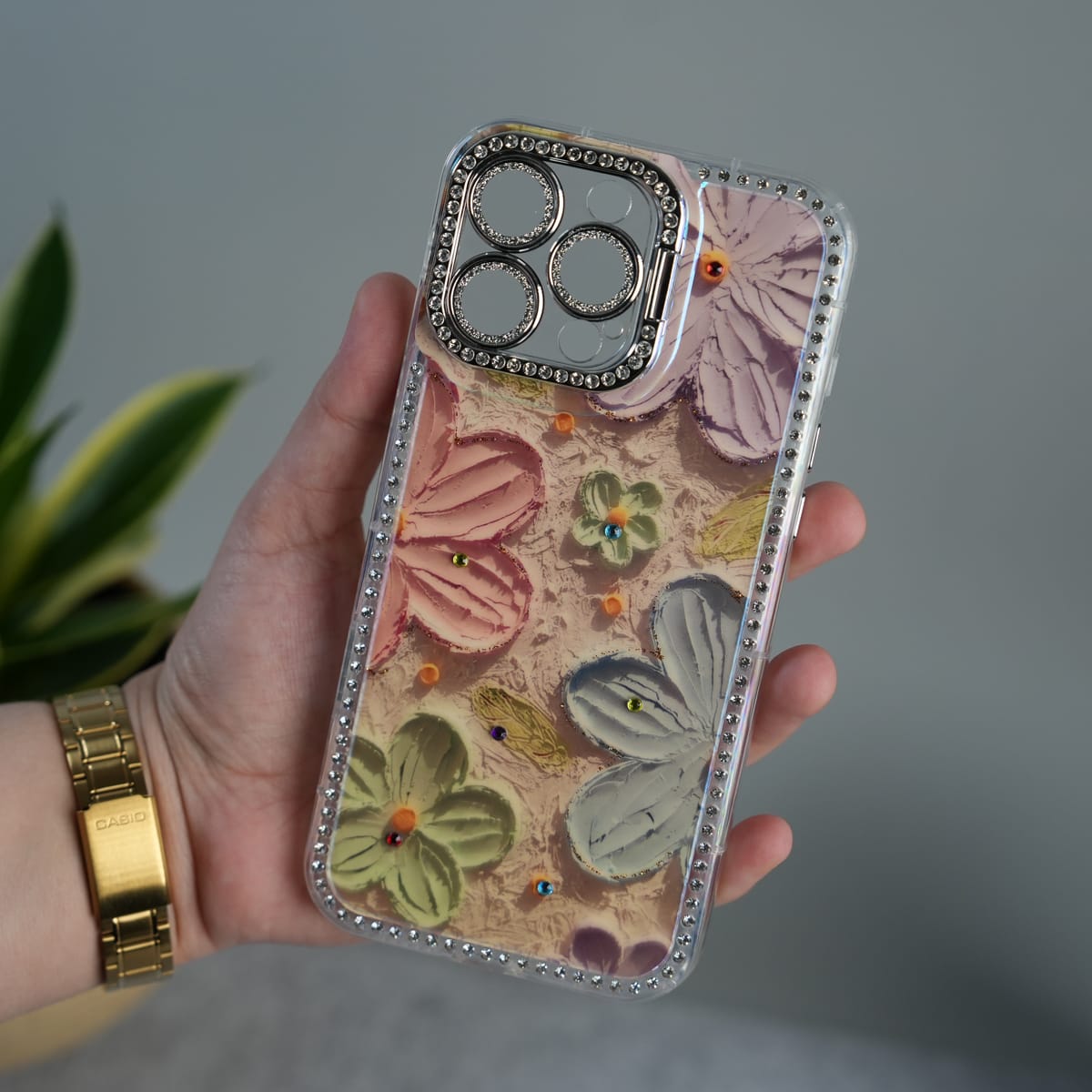 iPhone Luxury 3D Oil Painting Floral Design Glitter Lens Protection Stand Cover | Orange