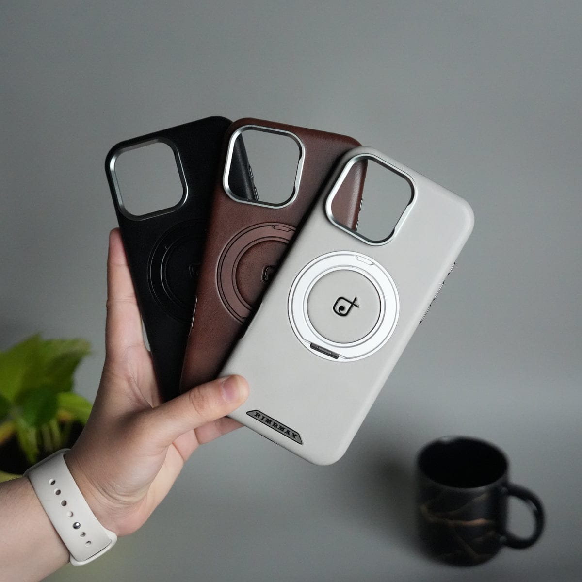 iPhone 16 Series Luxury Leather Magnetic Ring Case | Metal Camera Frame and Kickstand Cover
