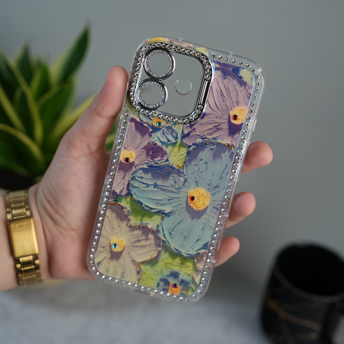 iPhone Luxury 3D Oil Painting Floral Design Glitter Lens Protection Stand Cover | Green