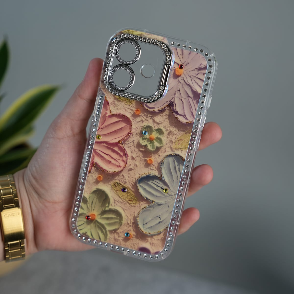 iPhone Luxury 3D Oil Painting Floral Design Glitter Lens Protection Stand Cover | Orange