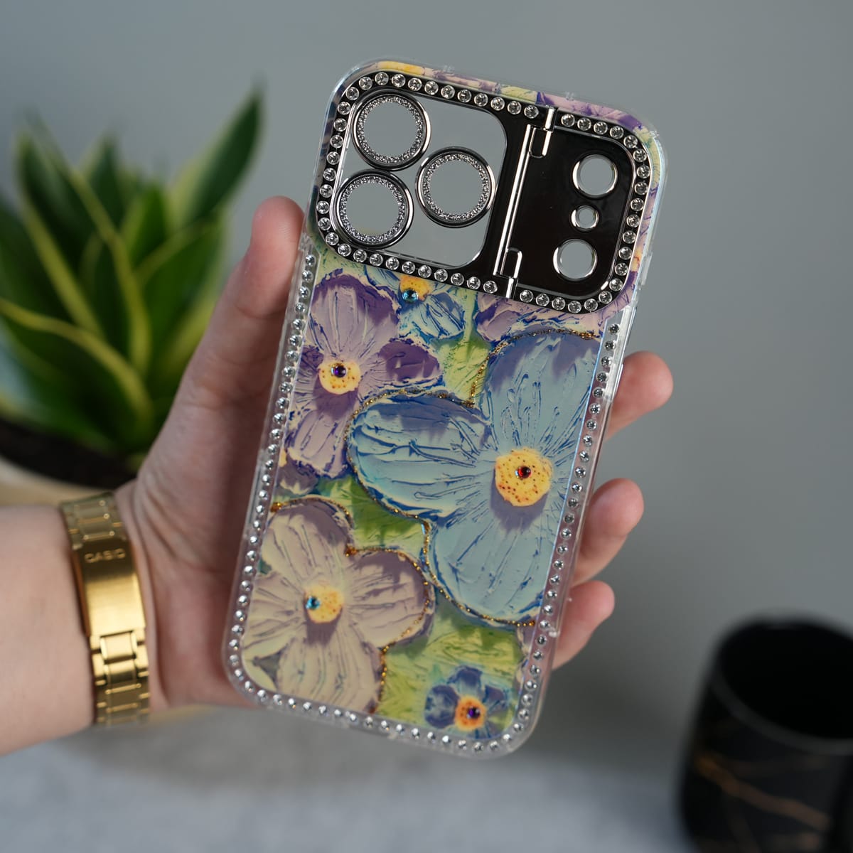 iPhone Luxury 3D Oil Painting Floral Design Glitter Lens Protection Stand Cover | Green