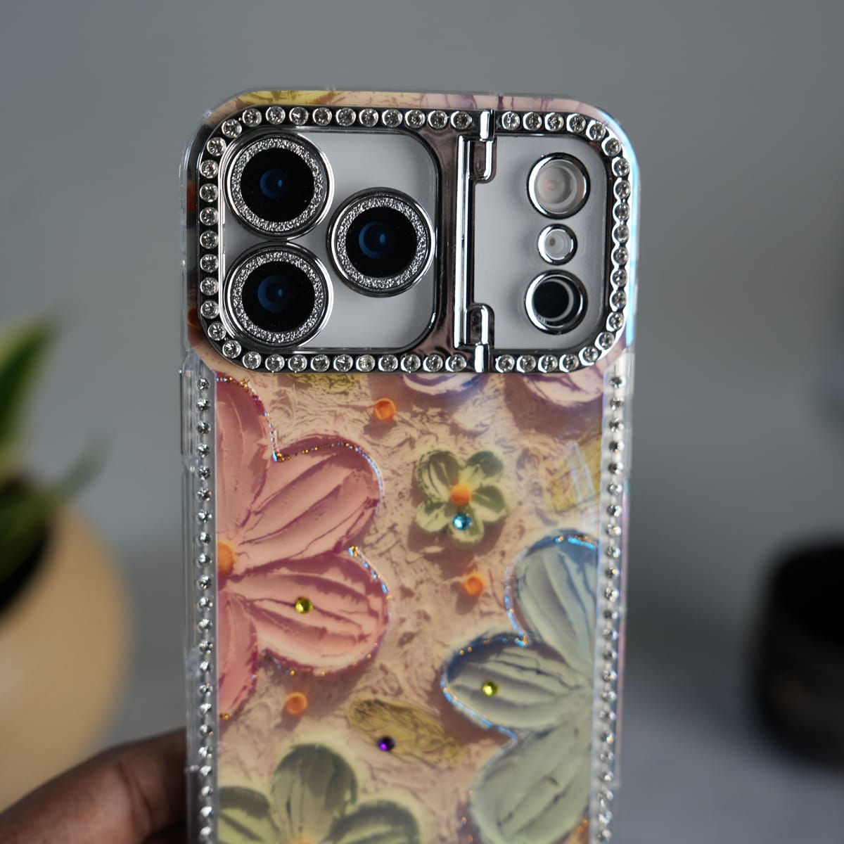 iPhone Luxury 3D Oil Painting Floral Design Glitter Lens Protection Stand Cover | Orange
