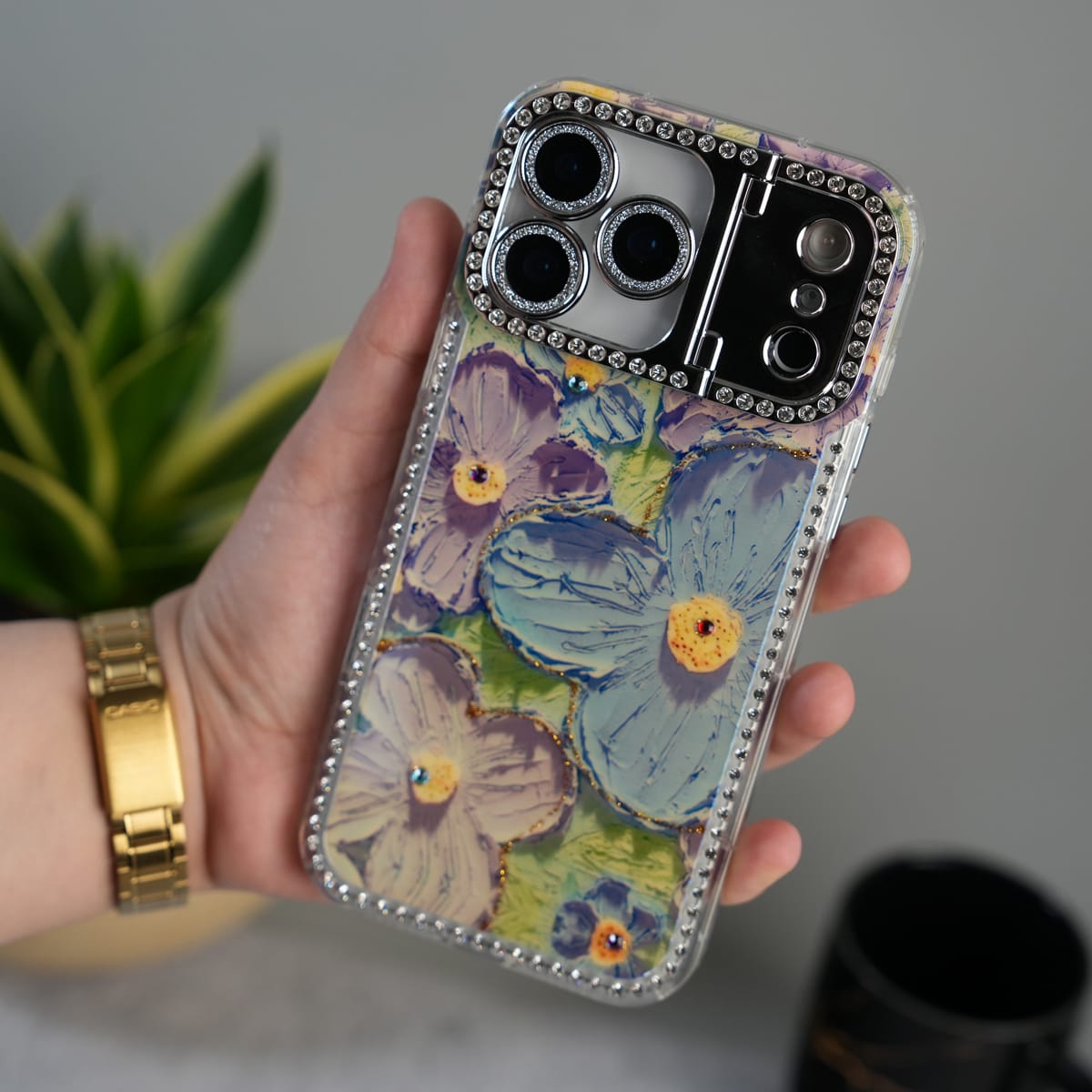 iPhone Luxury 3D Oil Painting Floral Design Glitter Lens Protection Stand Cover | Green