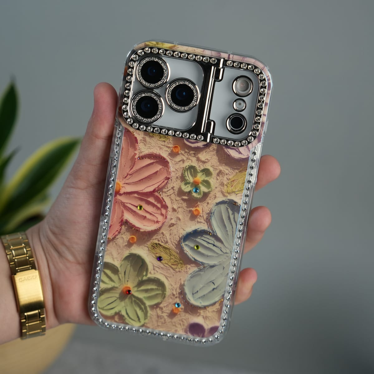 iPhone Luxury 3D Oil Painting Floral Design Glitter Lens Protection Stand Cover | Orange