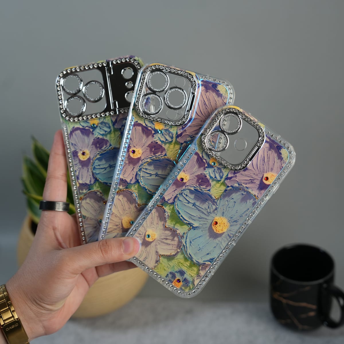 iPhone Luxury 3D Oil Painting Floral Design Glitter Lens Protection Stand Cover | Green