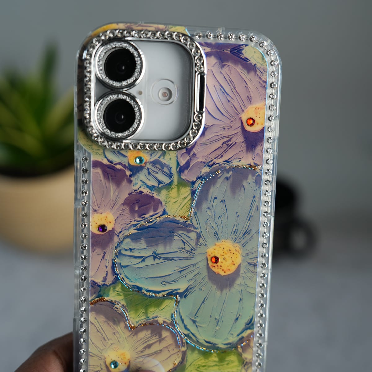 iPhone Luxury 3D Oil Painting Floral Design Glitter Lens Protection Stand Cover | Green
