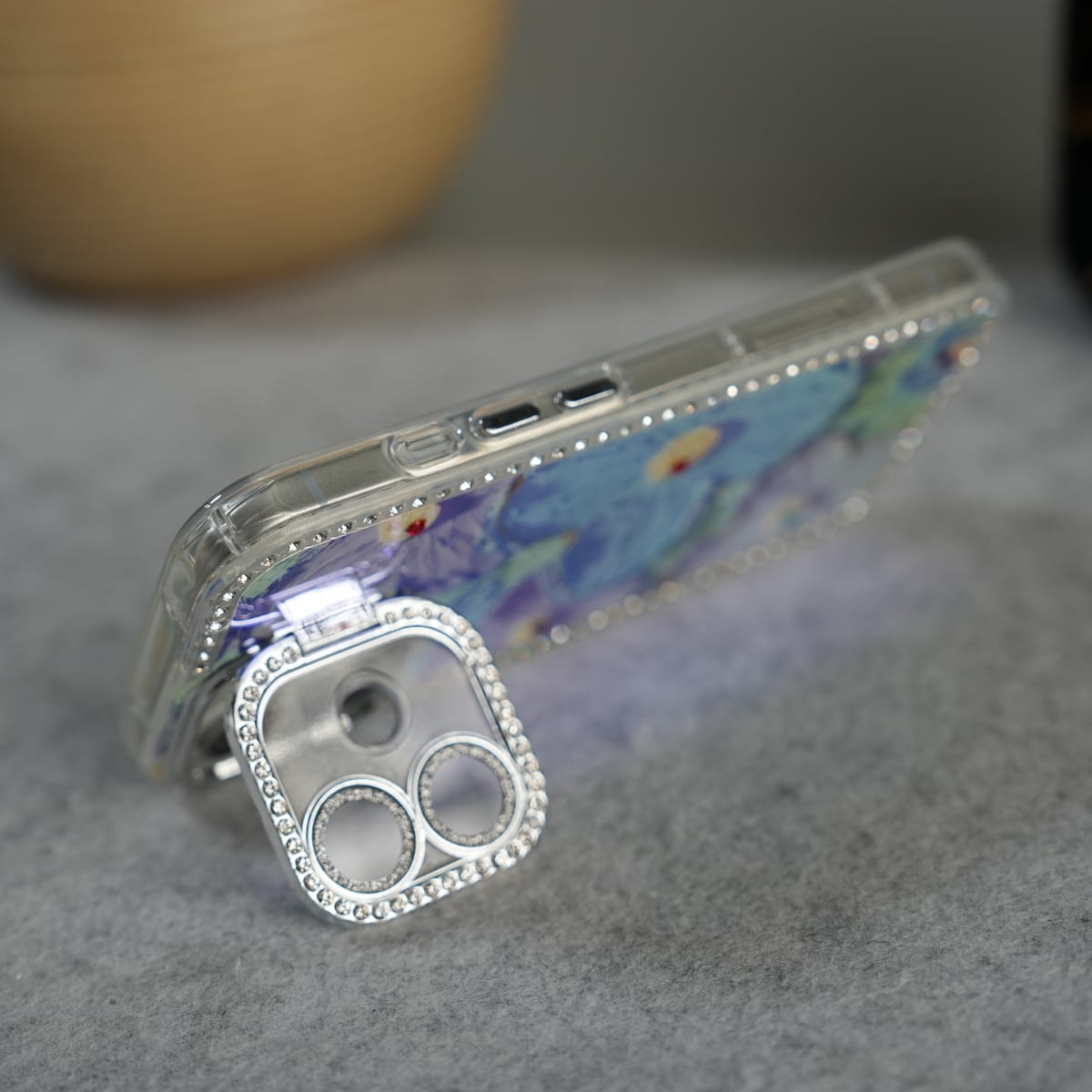 iPhone Luxury 3D Oil Painting Floral Design Glitter Lens Protection Stand Cover | Green