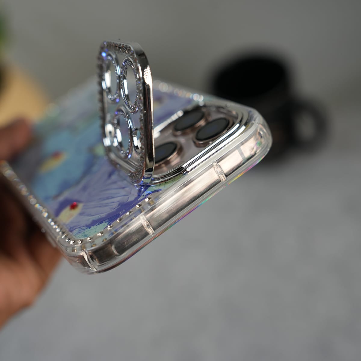 iPhone Luxury 3D Oil Painting Floral Design Glitter Lens Protection Stand Cover | Green