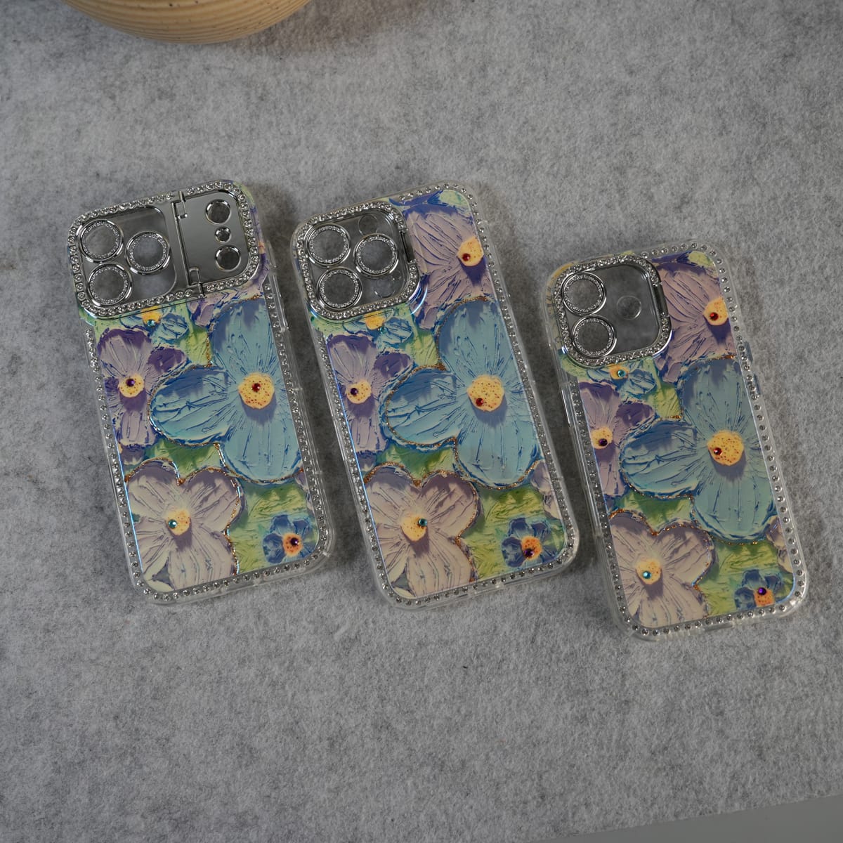 iPhone Luxury 3D Oil Painting Floral Design Glitter Lens Protection Stand Cover | Green