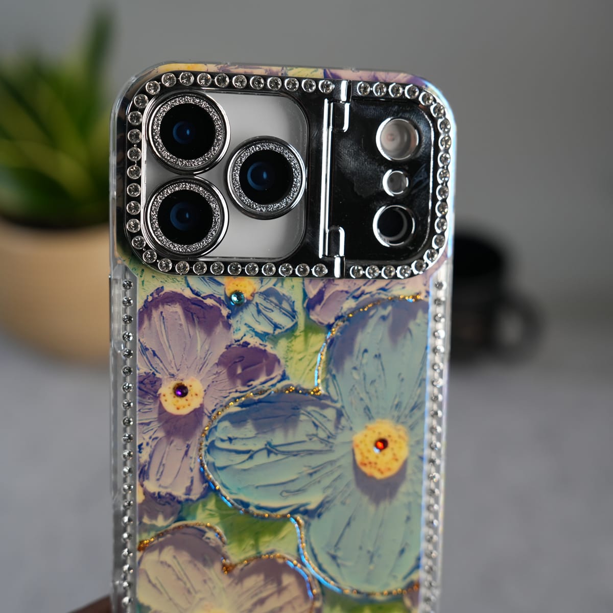 iPhone Luxury 3D Oil Painting Floral Design Glitter Lens Protection Stand Cover | Green