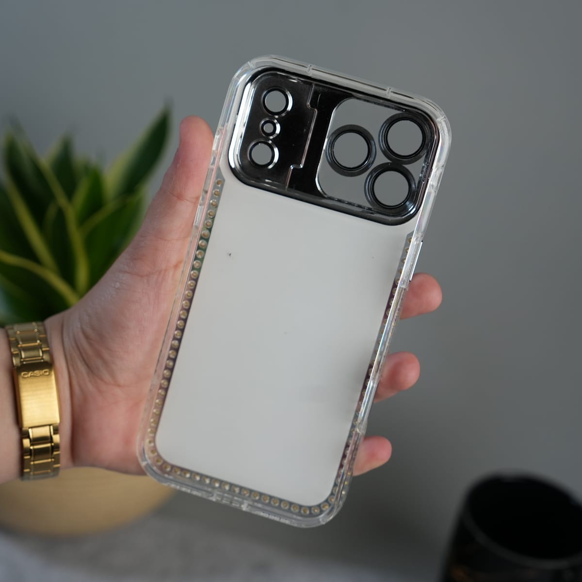 iPhone Luxury 3D Oil Painting Floral Design Glitter Lens Protection Stand Cover | Green