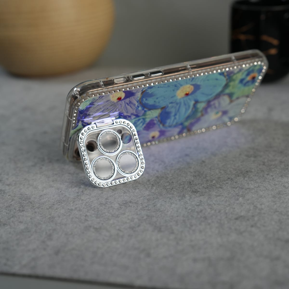 iPhone Luxury 3D Oil Painting Floral Design Glitter Lens Protection Stand Cover | Green
