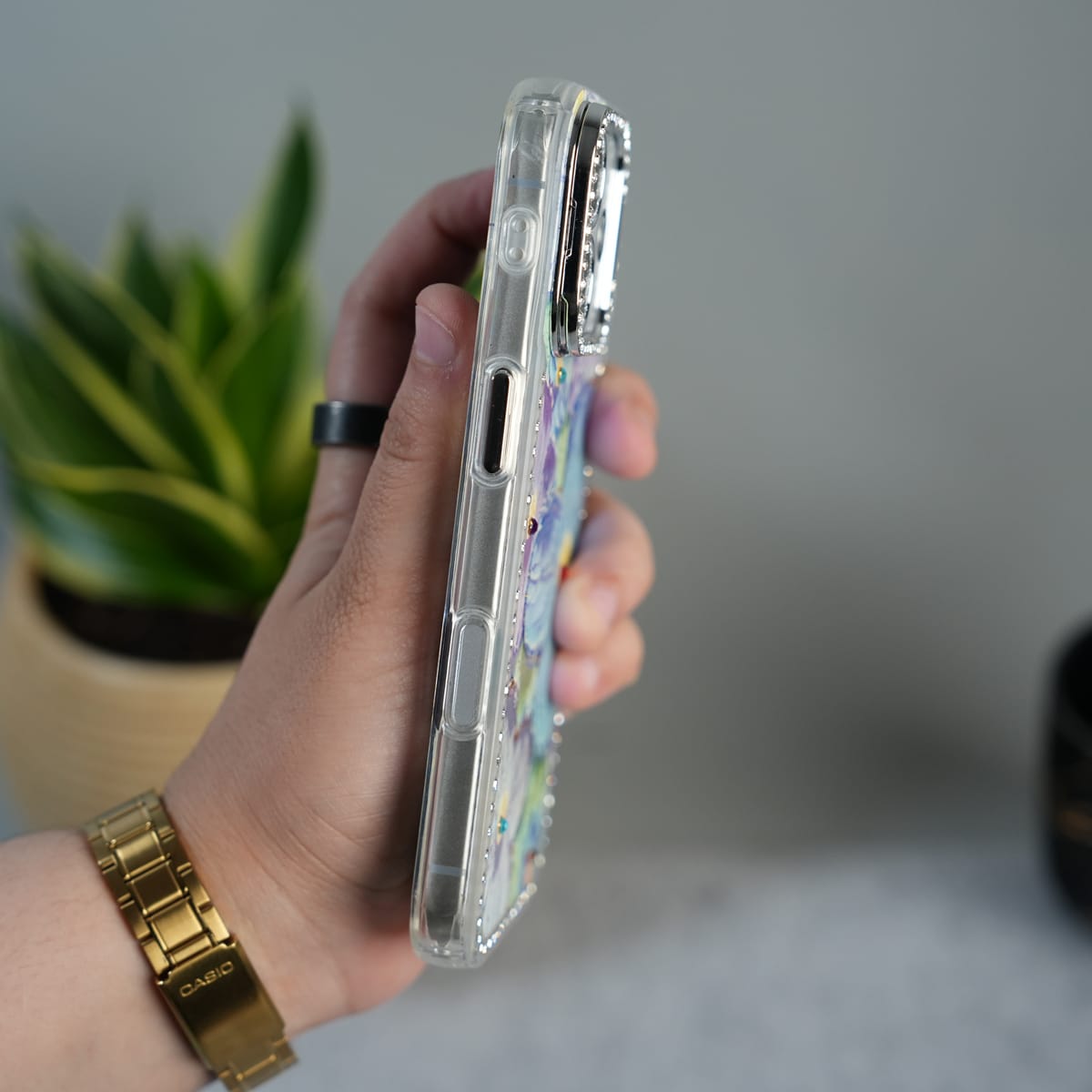 iPhone Luxury 3D Oil Painting Floral Design Glitter Lens Protection Stand Cover | Green