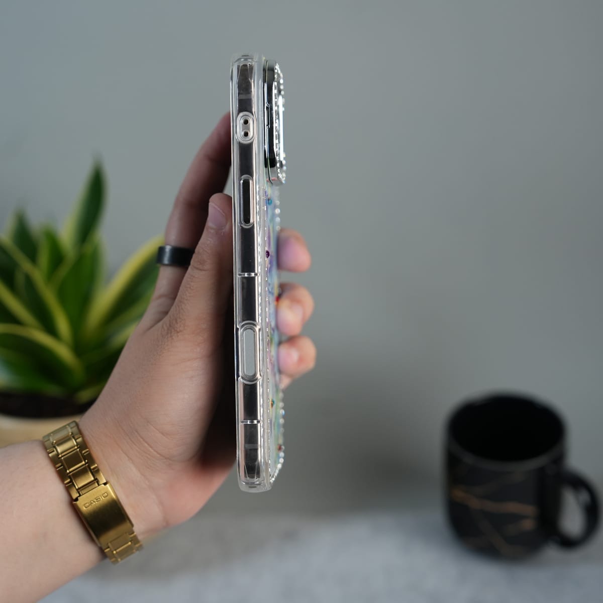 iPhone Luxury 3D Oil Painting Floral Design Glitter Lens Protection Stand Cover | Green