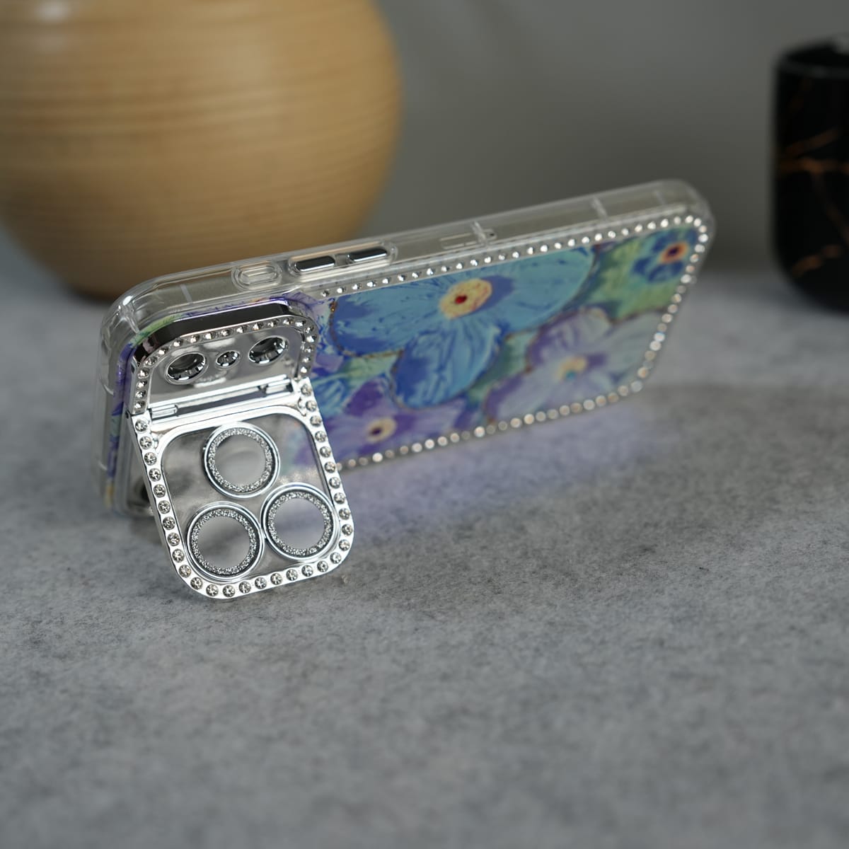 iPhone Luxury 3D Oil Painting Floral Design Glitter Lens Protection Stand Cover | Green