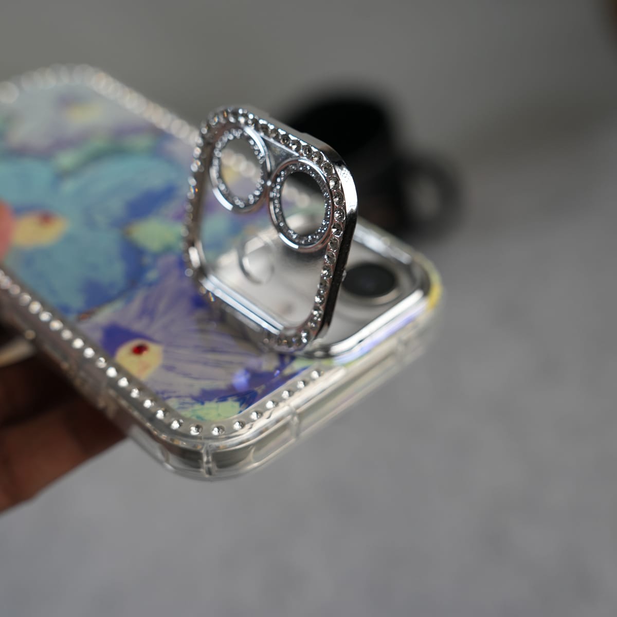 iPhone Luxury 3D Oil Painting Floral Design Glitter Lens Protection Stand Cover | Green