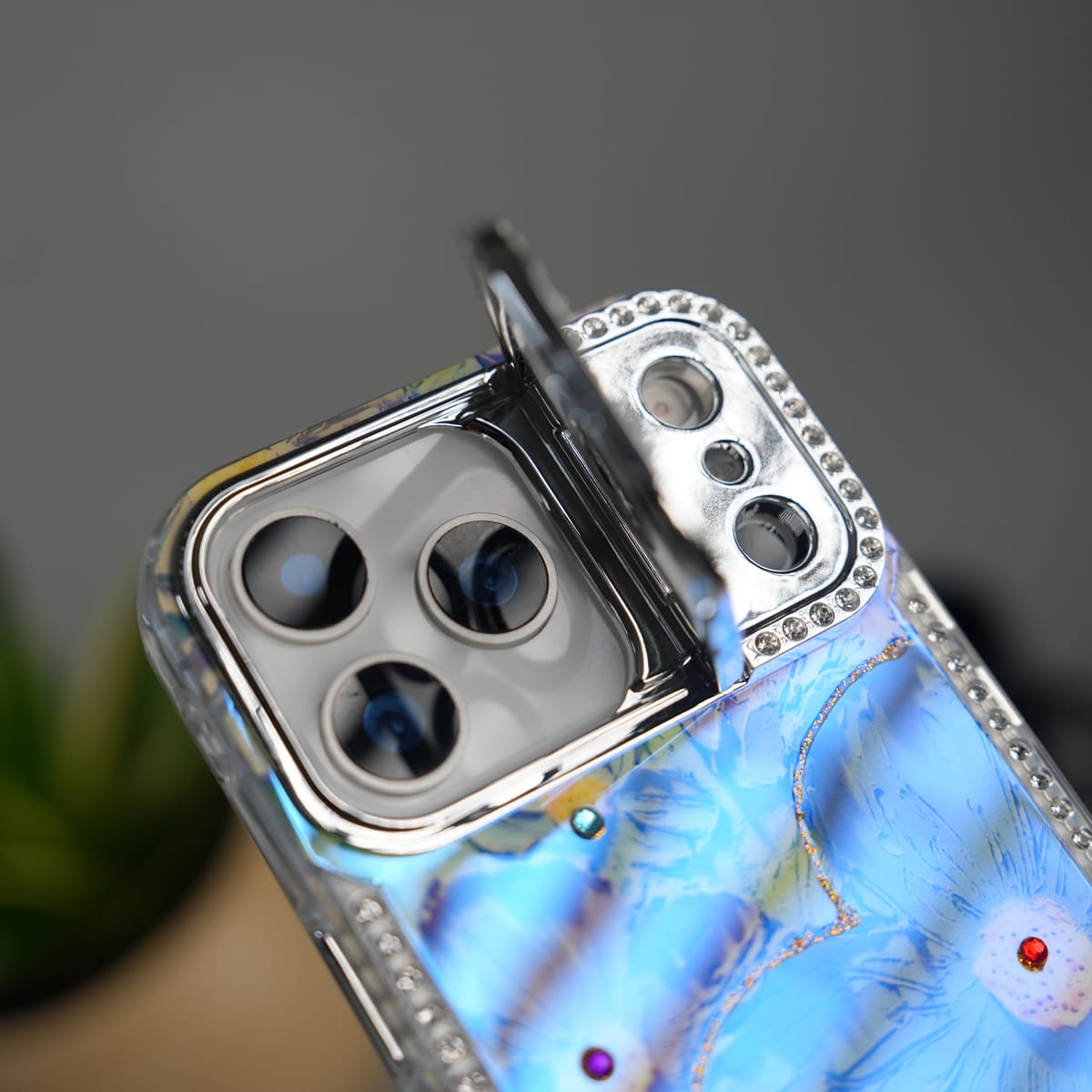 iPhone Luxury 3D Oil Painting Floral Design Glitter Lens Protection Stand Cover | Green