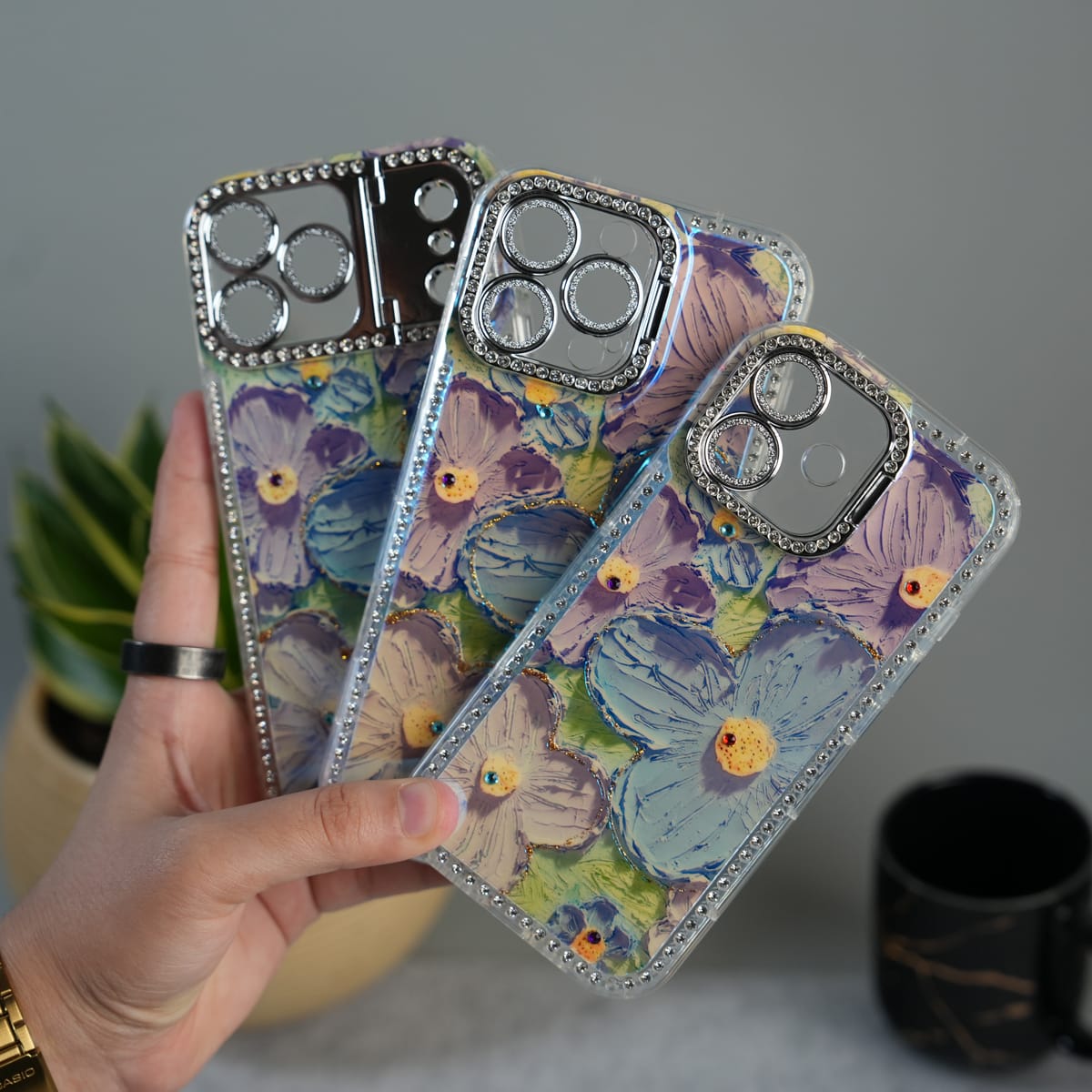 iPhone Luxury 3D Oil Painting Floral Design Glitter Lens Protection Stand Cover | Green