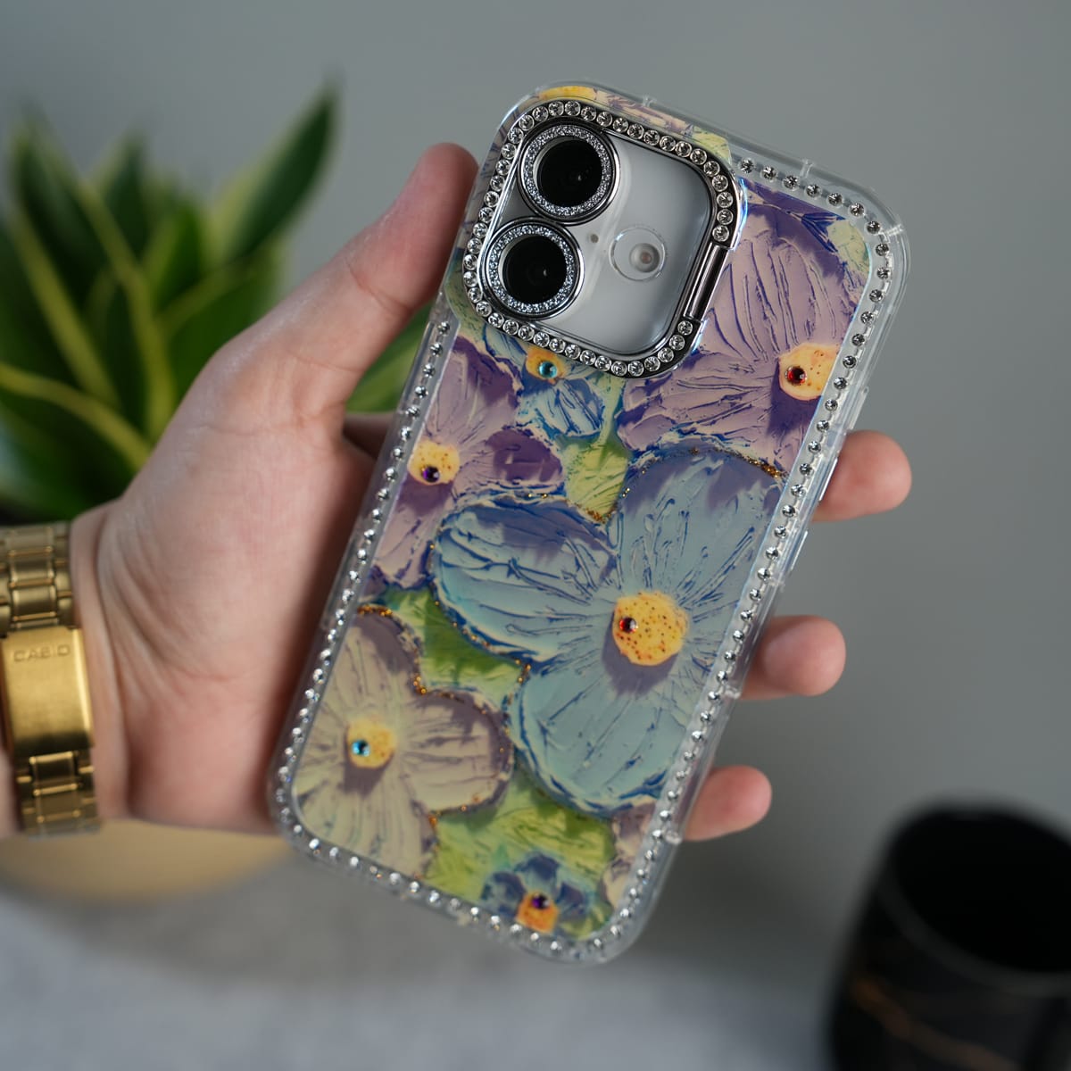 iPhone Luxury 3D Oil Painting Floral Design Glitter Lens Protection Stand Cover | Green