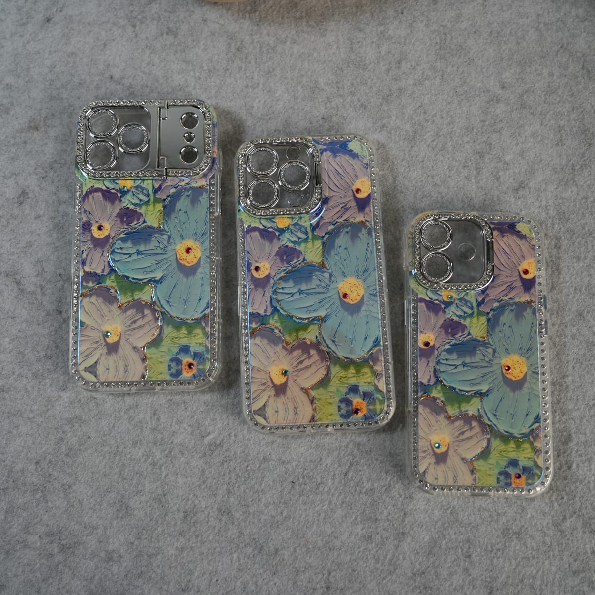 iPhone Luxury 3D Oil Painting Floral Design Glitter Lens Protection Stand Cover | Green