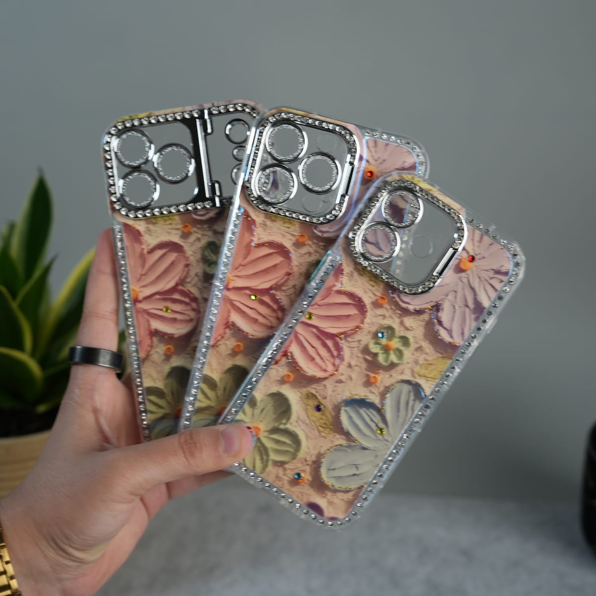 iPhone Luxury 3D Oil Painting Floral Design Glitter Lens Protection Stand Cover | Orange