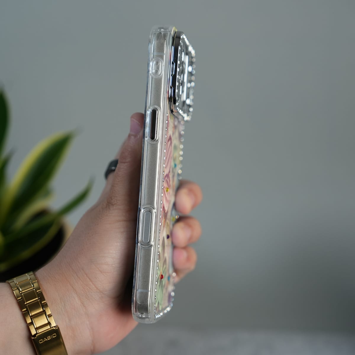 iPhone Luxury 3D Oil Painting Floral Design Glitter Lens Protection Stand Cover | Orange