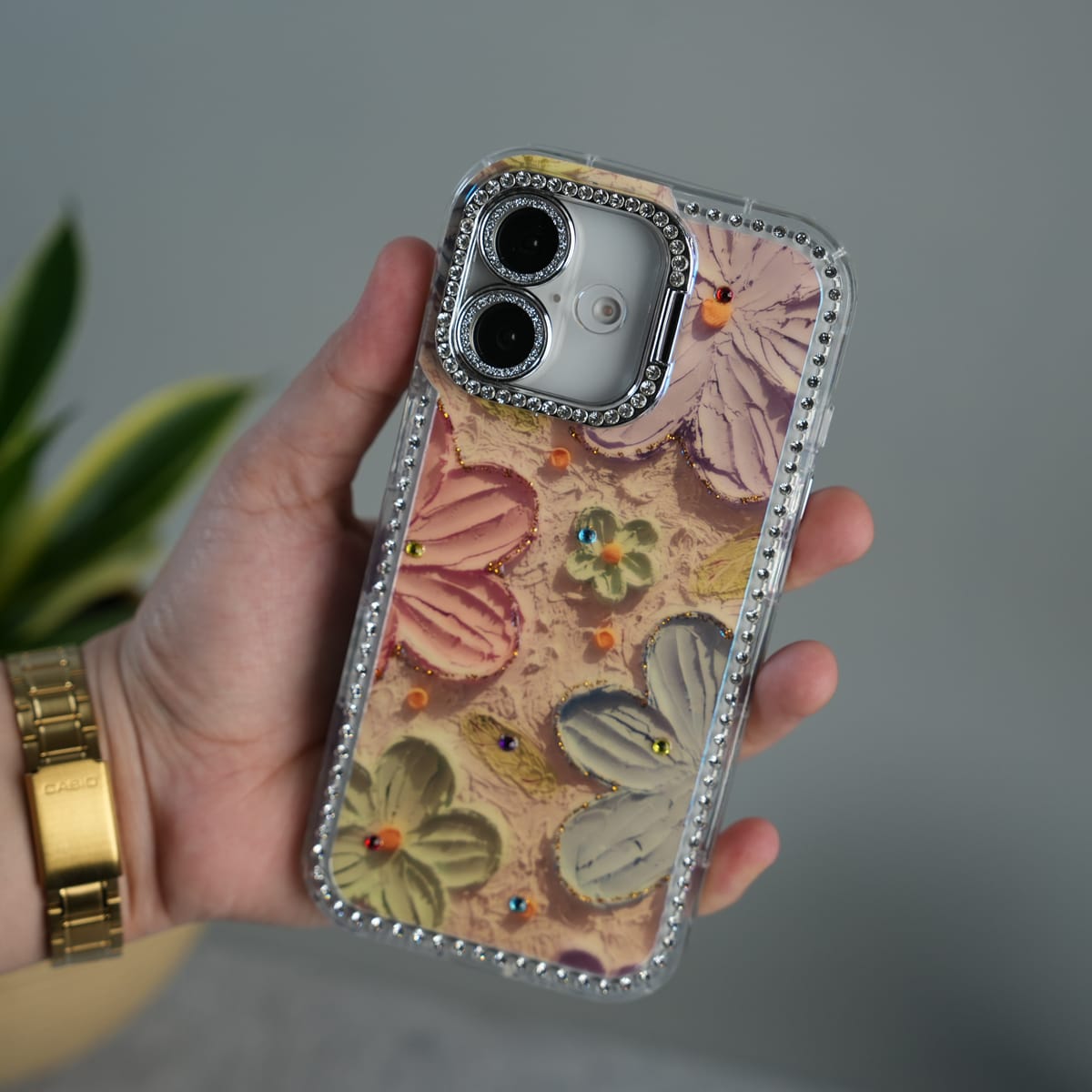 iPhone Luxury 3D Oil Painting Floral Design Glitter Lens Protection Stand Cover | Orange
