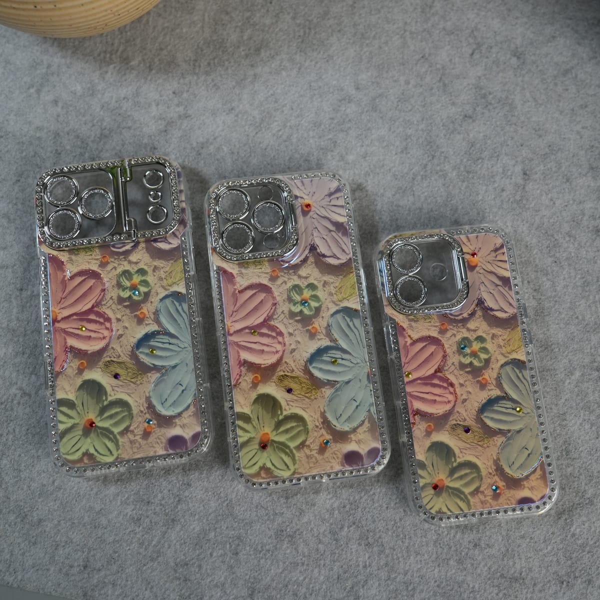 iPhone Luxury 3D Oil Painting Floral Design Glitter Lens Protection Stand Cover | Orange