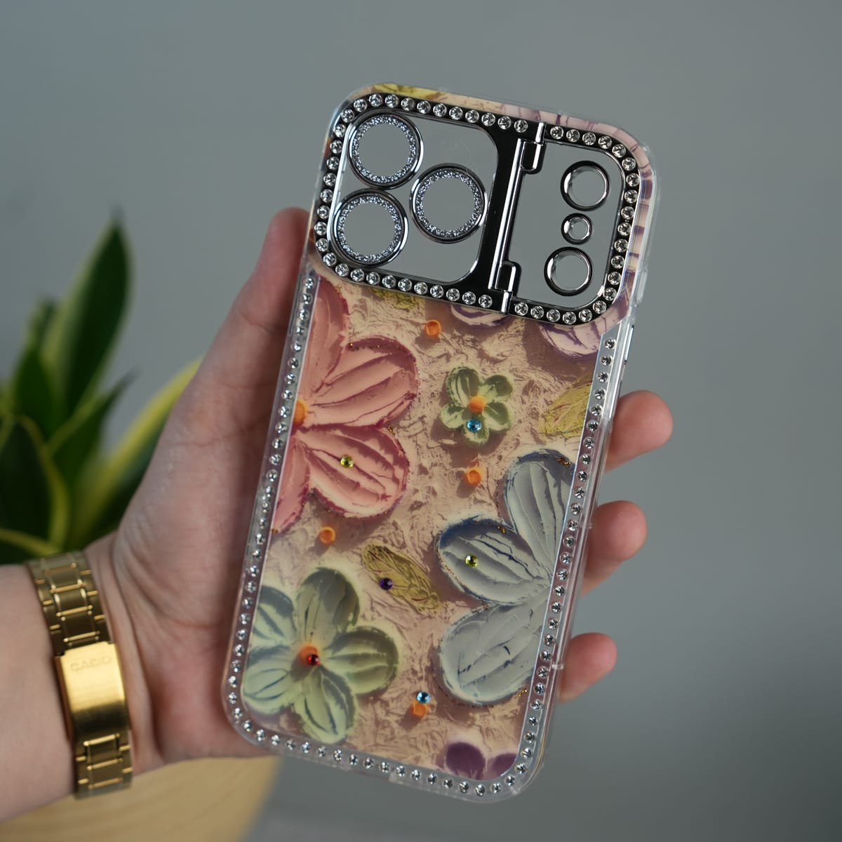 iPhone Luxury 3D Oil Painting Floral Design Glitter Lens Protection Stand Cover | Orange