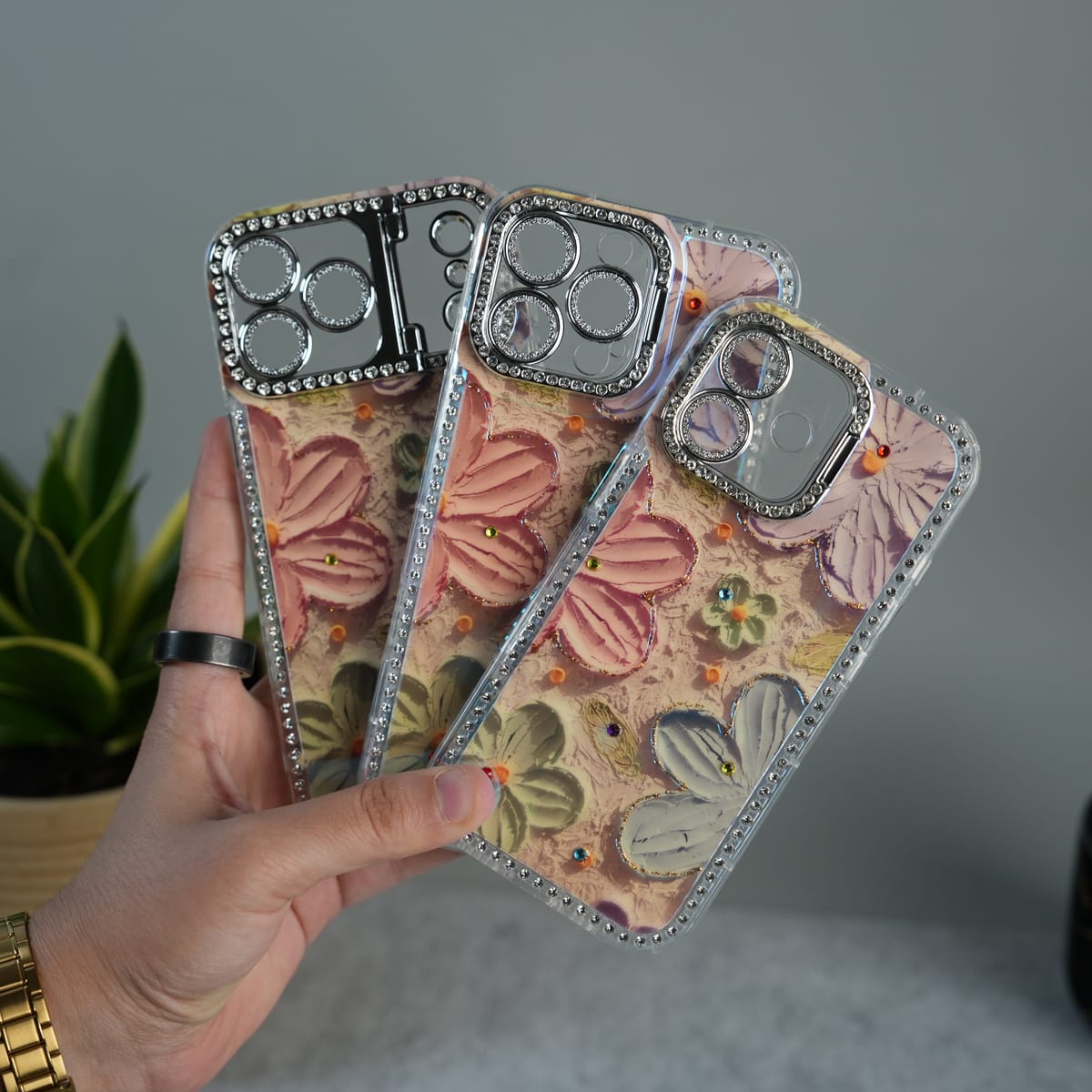 iPhone Luxury 3D Oil Painting Floral Design Glitter Lens Protection Stand Cover | Orange