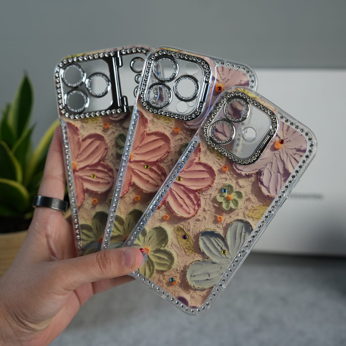 iPhone Luxury 3D Oil Painting Floral Design Glitter Lens Protection Stand Cover | Orange