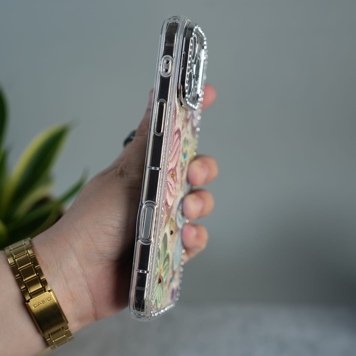 iPhone Luxury 3D Oil Painting Floral Design Glitter Lens Protection Stand Cover | Orange