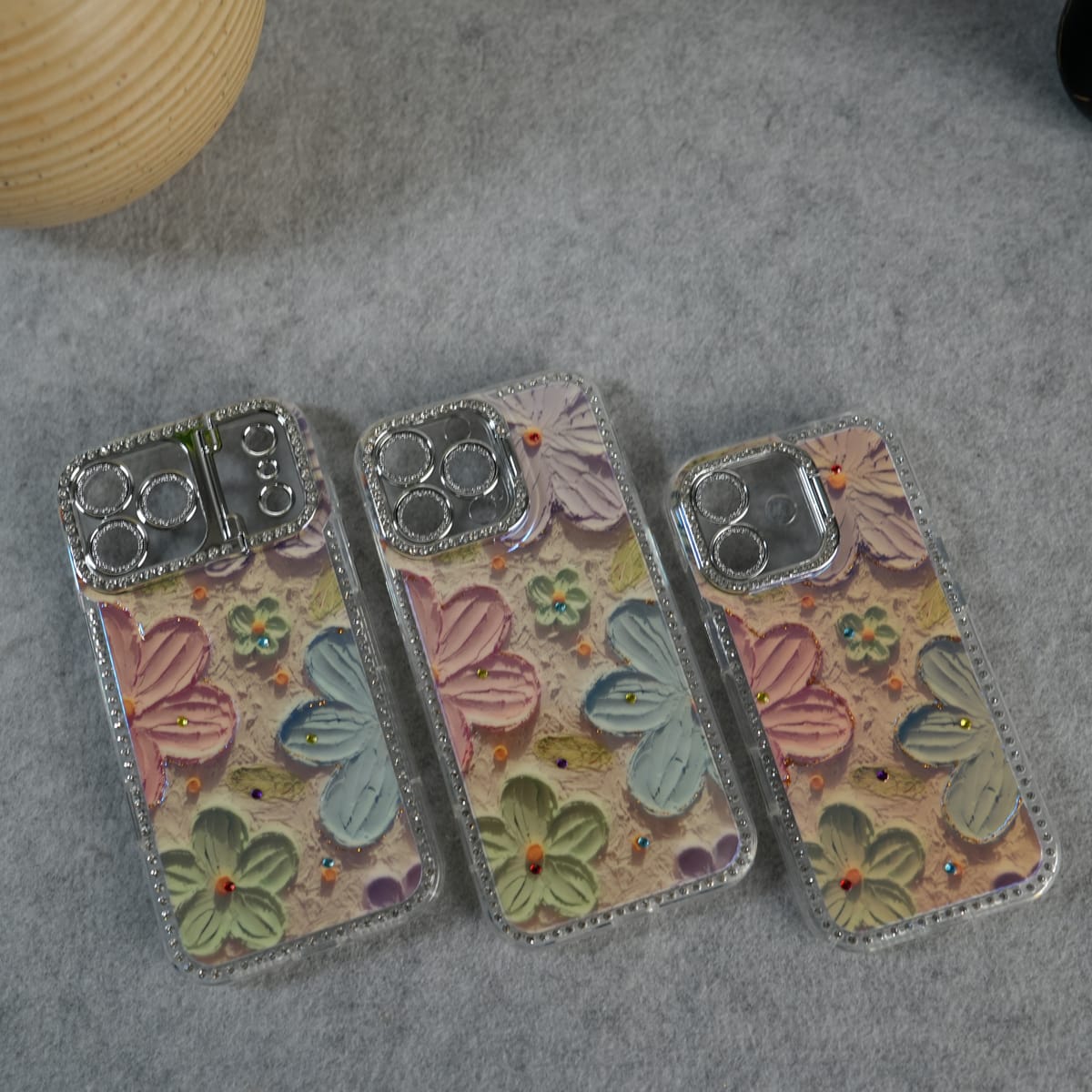 iPhone Luxury 3D Oil Painting Floral Design Glitter Lens Protection Stand Cover | Orange