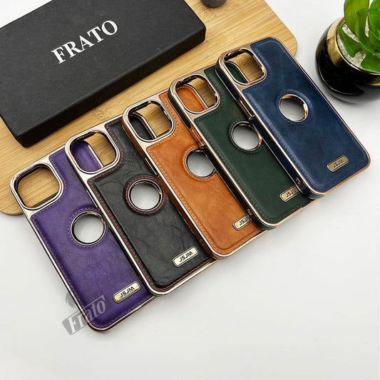 iPhone Luxury PU Leather Chrome Plated Logo Cut Case Cover