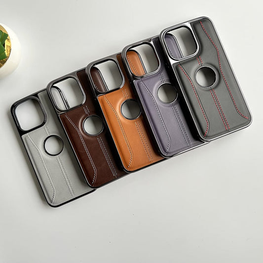 iPhone 16 Series Stitch PU Leather Side Chrome Case Cover