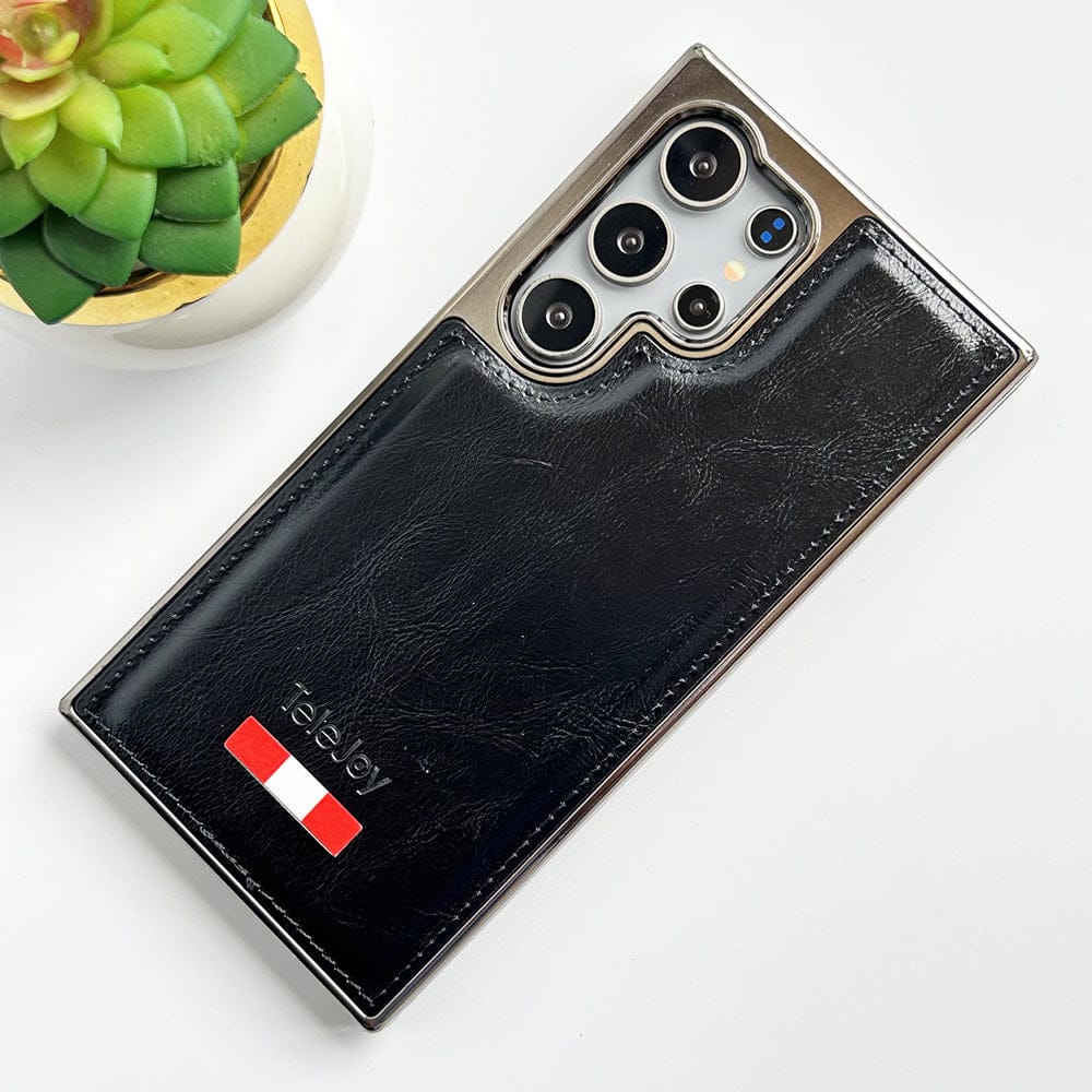 Samsung Galaxy S24 Ultra Textured PU Leather Side Chrome Case Cover