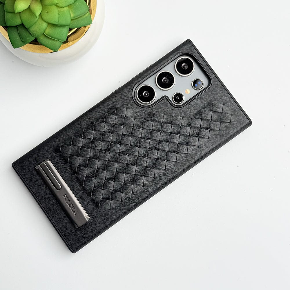 Samsung Galaxy S24 Ultra Weave Leather with Metal Kickstand Slim Back Cover