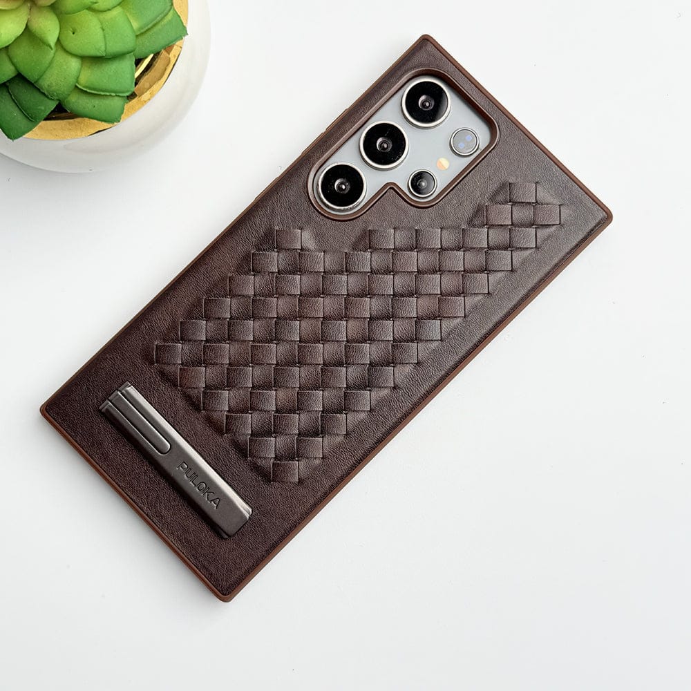 Samsung Galaxy S24 Ultra Weave Leather with Metal Kickstand Slim Back Cover