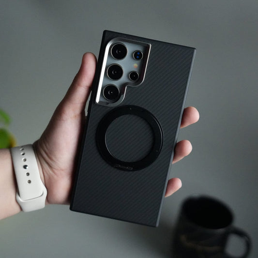 Galaxy S24 Ultra CarbonShield Metal Camera Ring and Rotating Stand Case