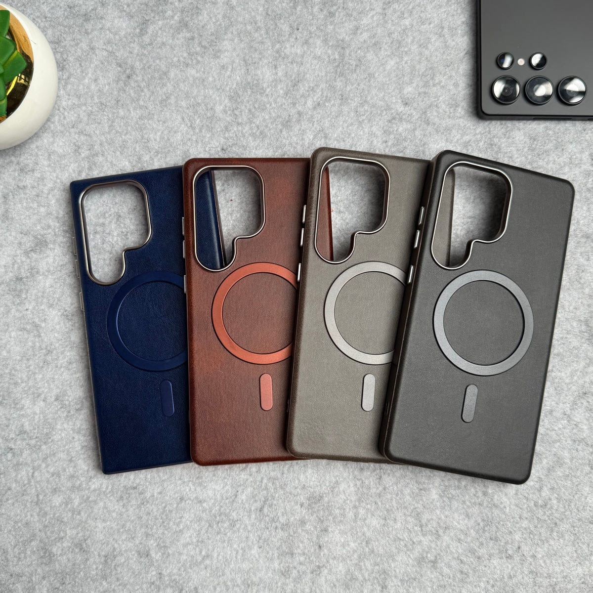 Samsung Galaxy S24 Ultra Metallic Textured Leather MagSafe Ring Case Cover