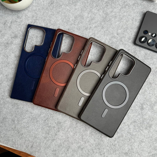 Samsung Galaxy S24 Ultra Metallic Textured Leather MagSafe Ring Case Cover