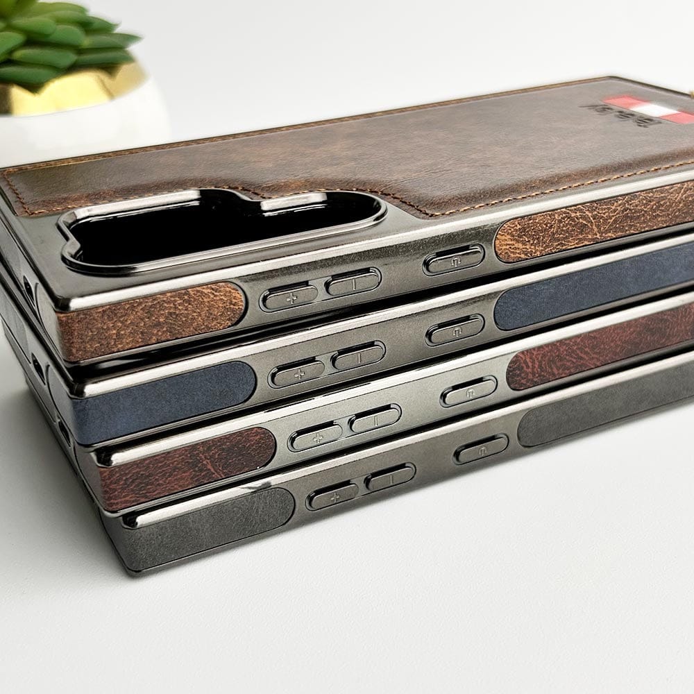 Samsung Galaxy S24 Ultra Textured PU Leather Side Chrome Case Cover