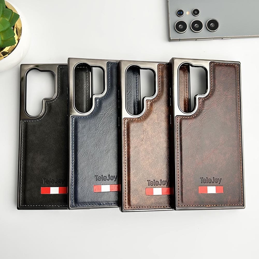 Samsung Galaxy S24 Ultra Textured PU Leather Side Chrome Case Cover