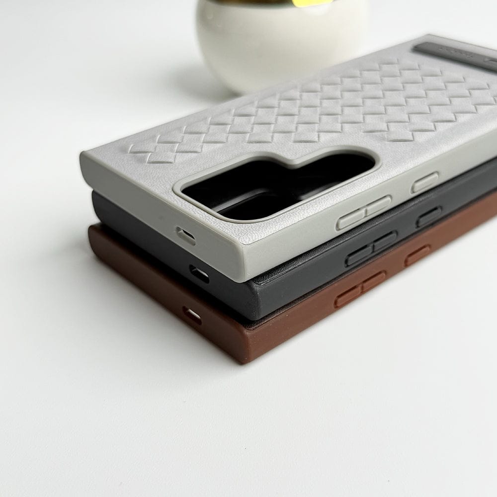 Samsung Galaxy S24 Ultra Weave Leather with Metal Kickstand Slim Back Cover