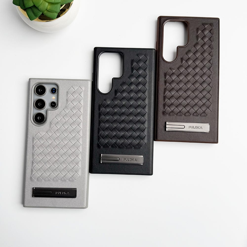 Samsung Galaxy S24 Ultra Weave Leather with Metal Kickstand Slim Back Cover