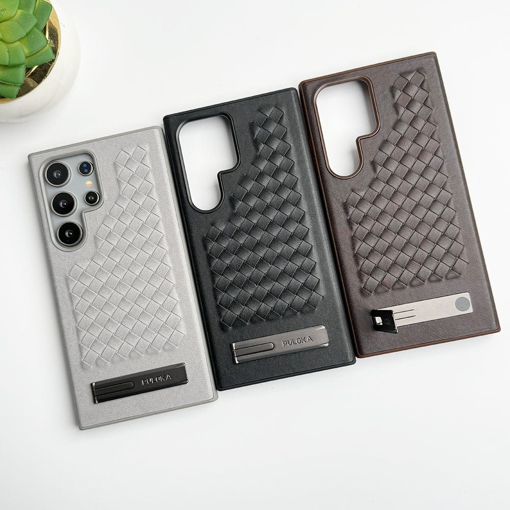 Samsung Galaxy S24 Ultra Weave Leather with Metal Kickstand Slim Back Cover